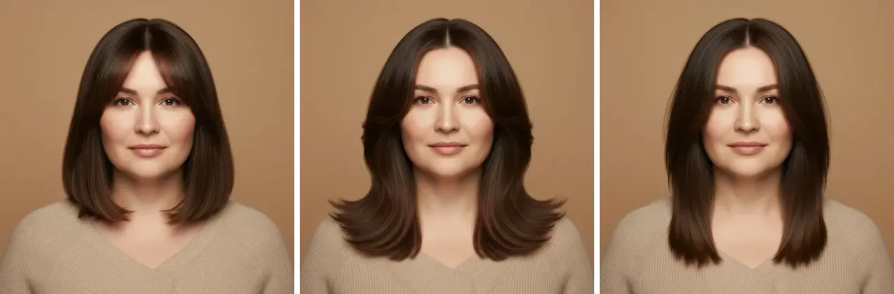 Слева направо: «Удлинённый боб с чёлкой-шторкой», «Butterfly cut», «Рваные слои у лица» Удлинённый боб с чёлкой-шторкой, Butterfly cut, Рваные слои у лица на модели с круглым лицом