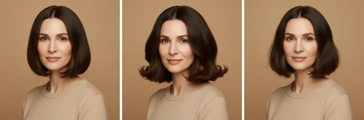Слева направо: «Классический мягкий боб», «Воздушный боб с C-curls», «Textured French Bob» Классический мягкий боб, Воздушный боб с C-curls, Textured French Bob на модели с овальным лицом