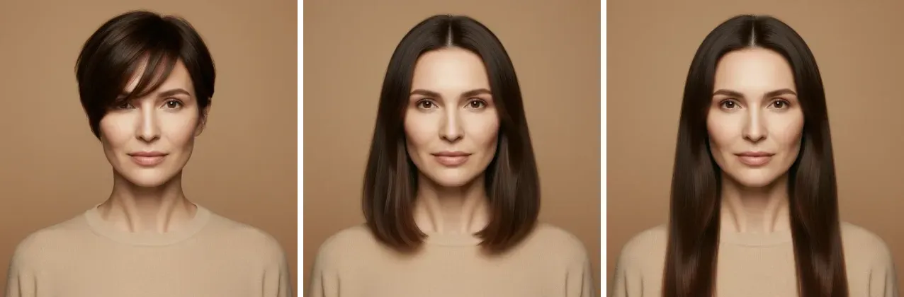 Слева направо: «Женственное Bixie», «Удлинённый боб с ghost layers», «Единая длина без слоёв» Женственное Bixie, Удлинённый боб с ghost layers, Единая длина без слоёв на модели с лицом «перевёрнутый треугольник»