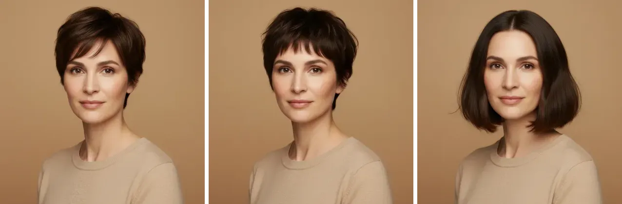 Слева направо: «Мягкий отросший пикси», «Bixie cut», «Textured French Bob» Мягкий отросший пикси, Bixie cut, Textured French Bob на модели с овальным лицом