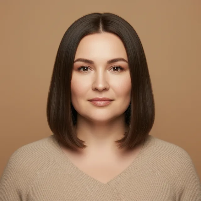 Гладкий удлинённый боб на модели с лицом «круглое»